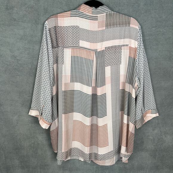Rose And Olive Top Womens 2X Pink Geo Patchwork 3/4 Sleeve Button Front Career - Picture 4 of 11